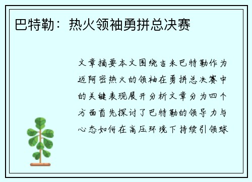 巴特勒：热火领袖勇拼总决赛