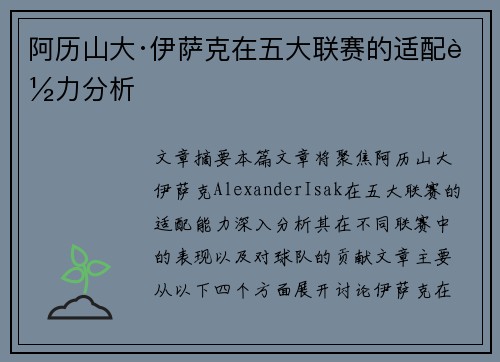 阿历山大·伊萨克在五大联赛的适配能力分析
